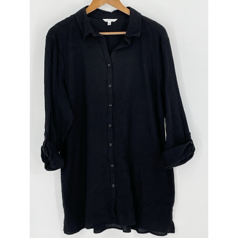 Croft & Barrow Shirt Womens XL Black Button Up Roll Tab Sleeve Tunic Top Cotton - Picture 2 of 14
